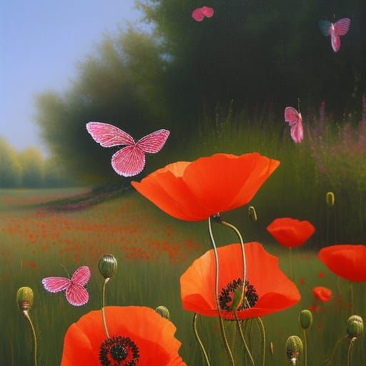Poppy Oil Painting with Pink Butterflies