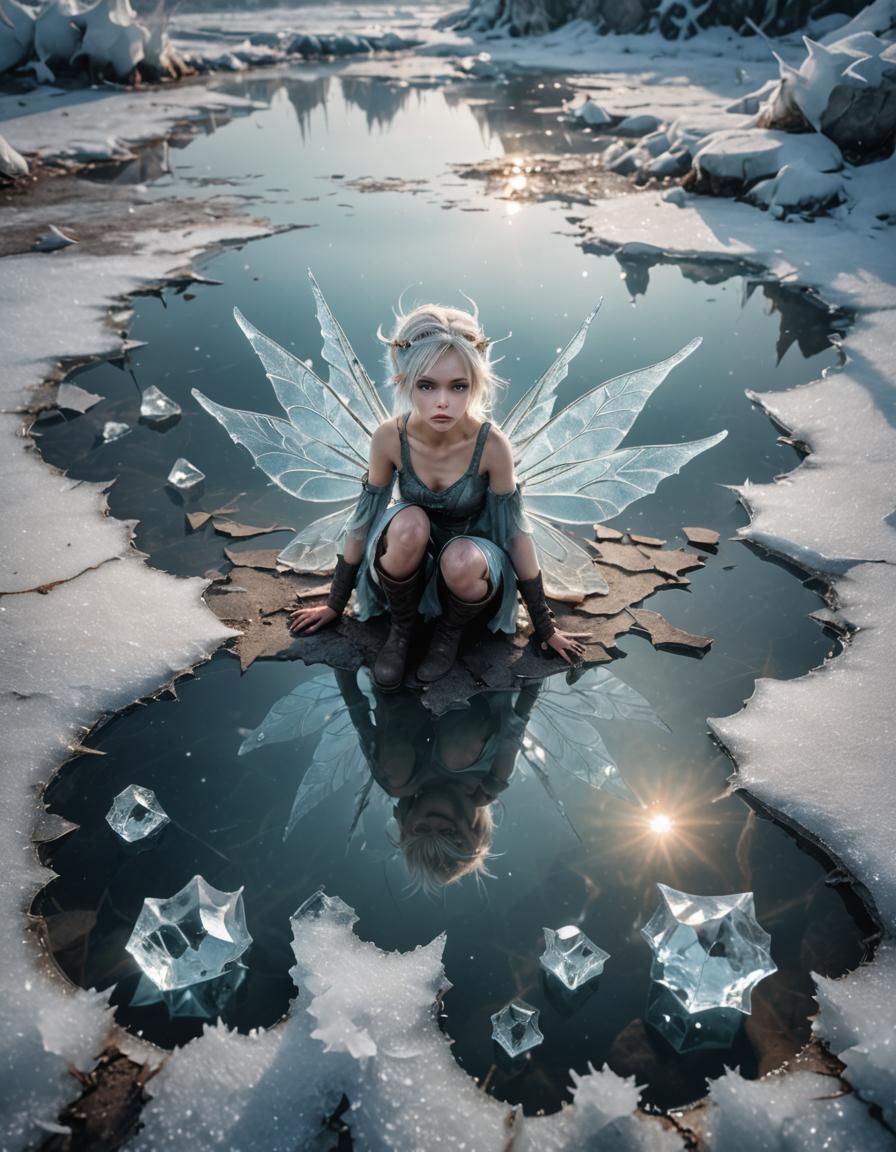 Ice Fairy Pixie on Shattered Lake: Surreal Art