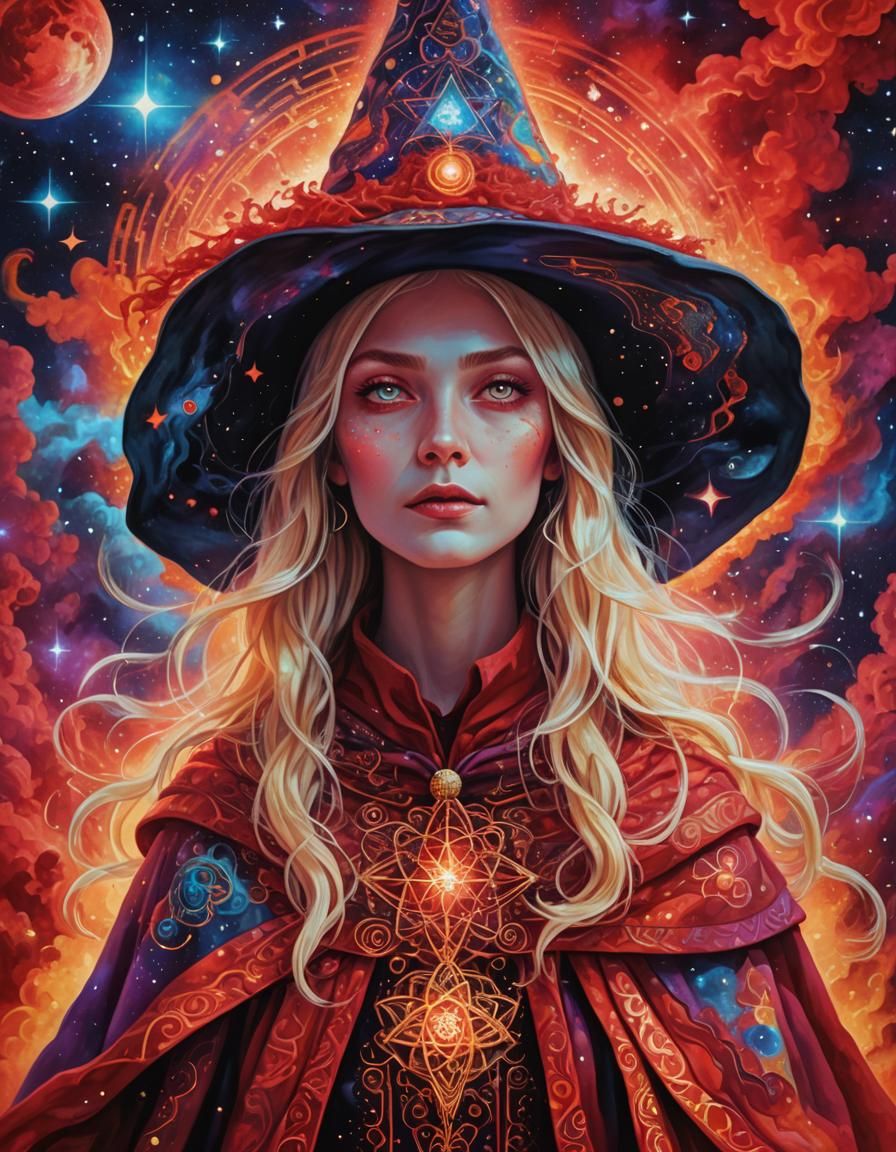 Blonde Witch in Red Nebula: Astral Cosmic Art