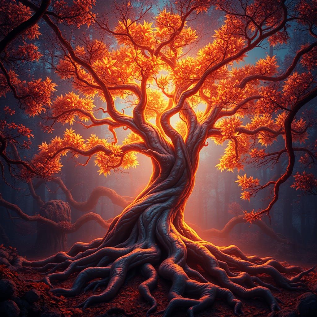 Mystical Glowing Tree in Fantasy Forest, Hyperdetailed Lands...