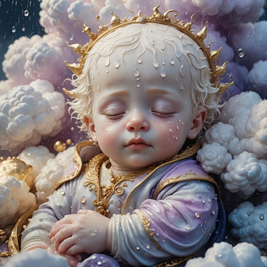 Albino Baby Cybrus Sleeping on Cloud, Digital Art