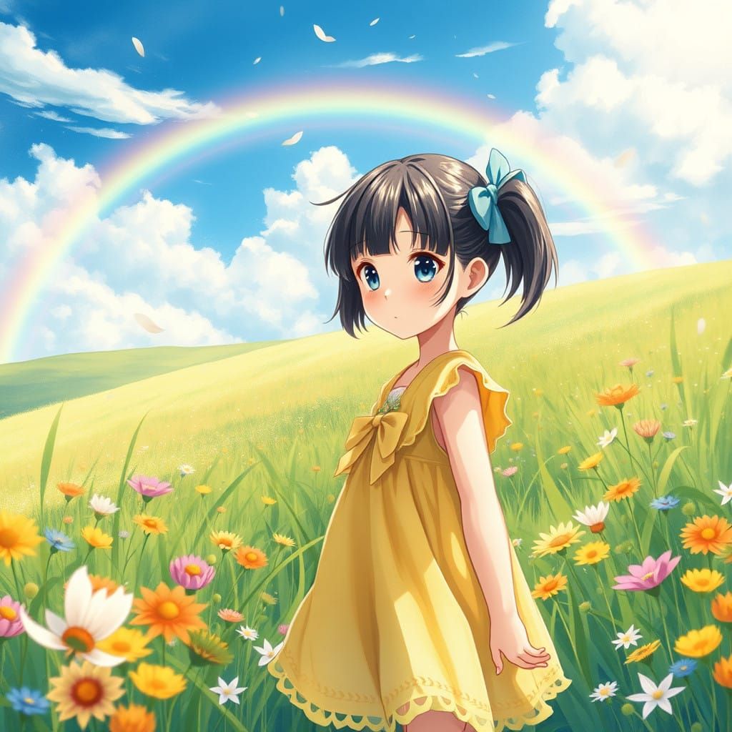 Girl in Lush Meadow Under Brilliant Rainbow