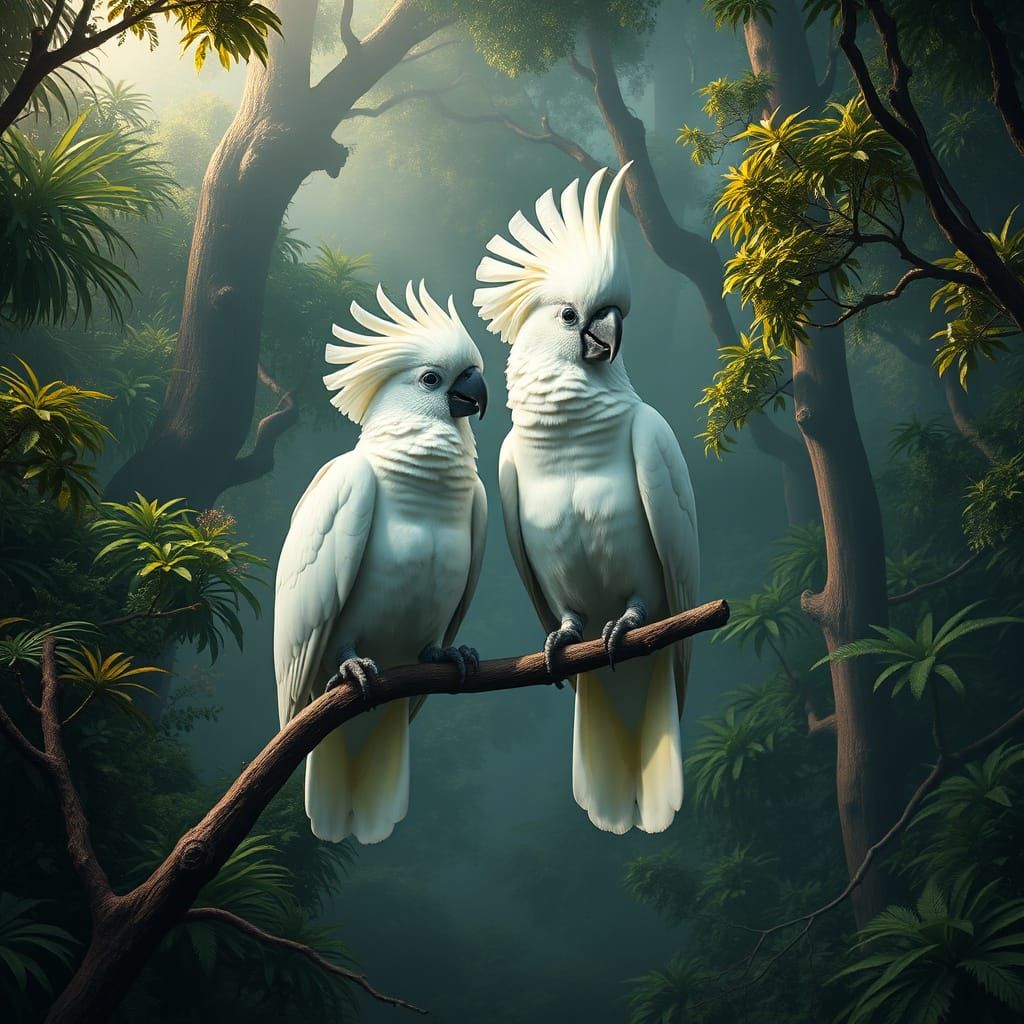 Two white cockatoos with prominent crests perch on a branch amidst a lush, misty forest. Their surroundings feature vibr...