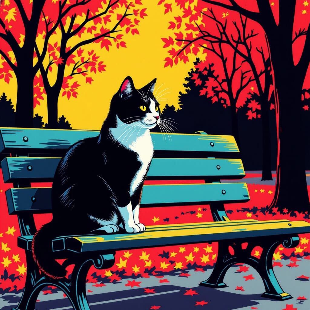 Pop Art Cat on Park Bench in Bold Colors