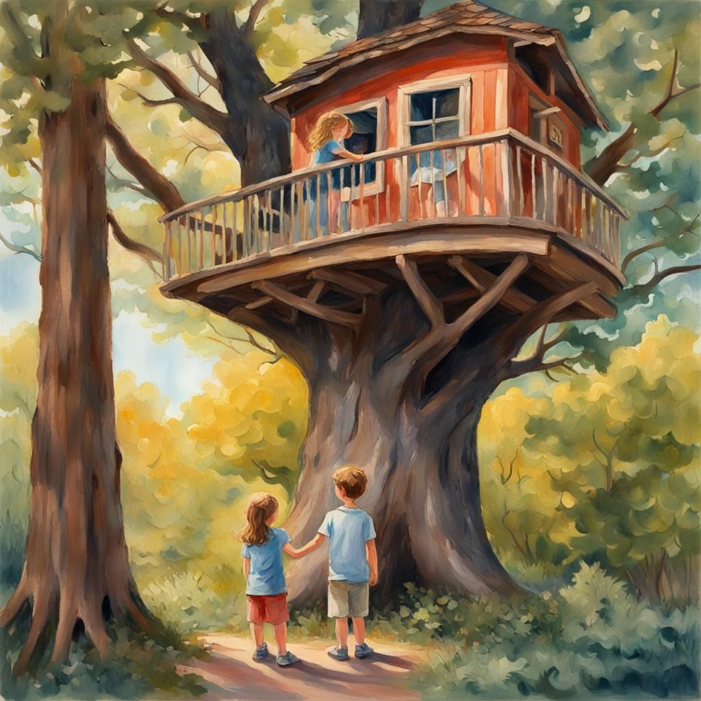 Children Admire Treehouse in Gouache Impressionist Style