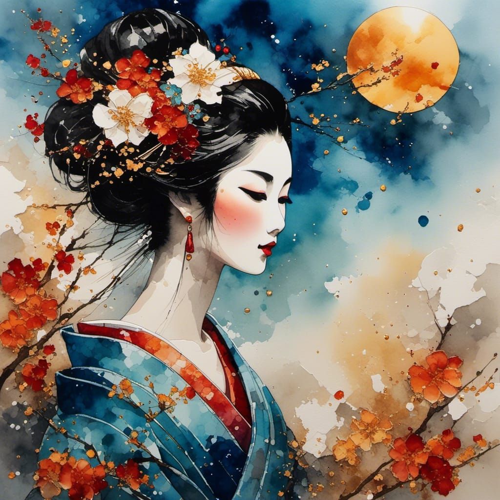 Geisha in Sunlight: Mixed Media Artwork