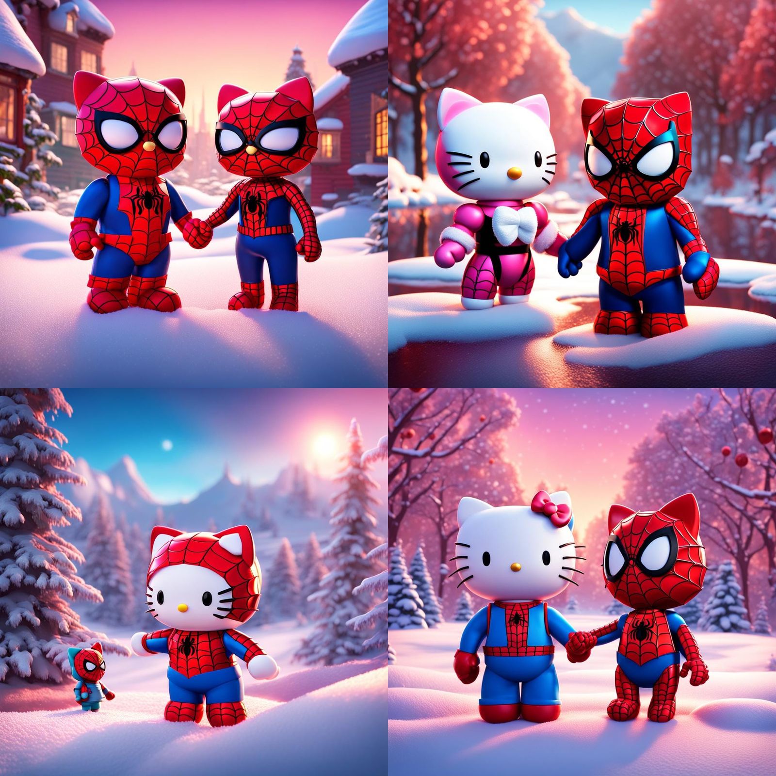 Hello Kitty and Spiderman in Snowy Landscape