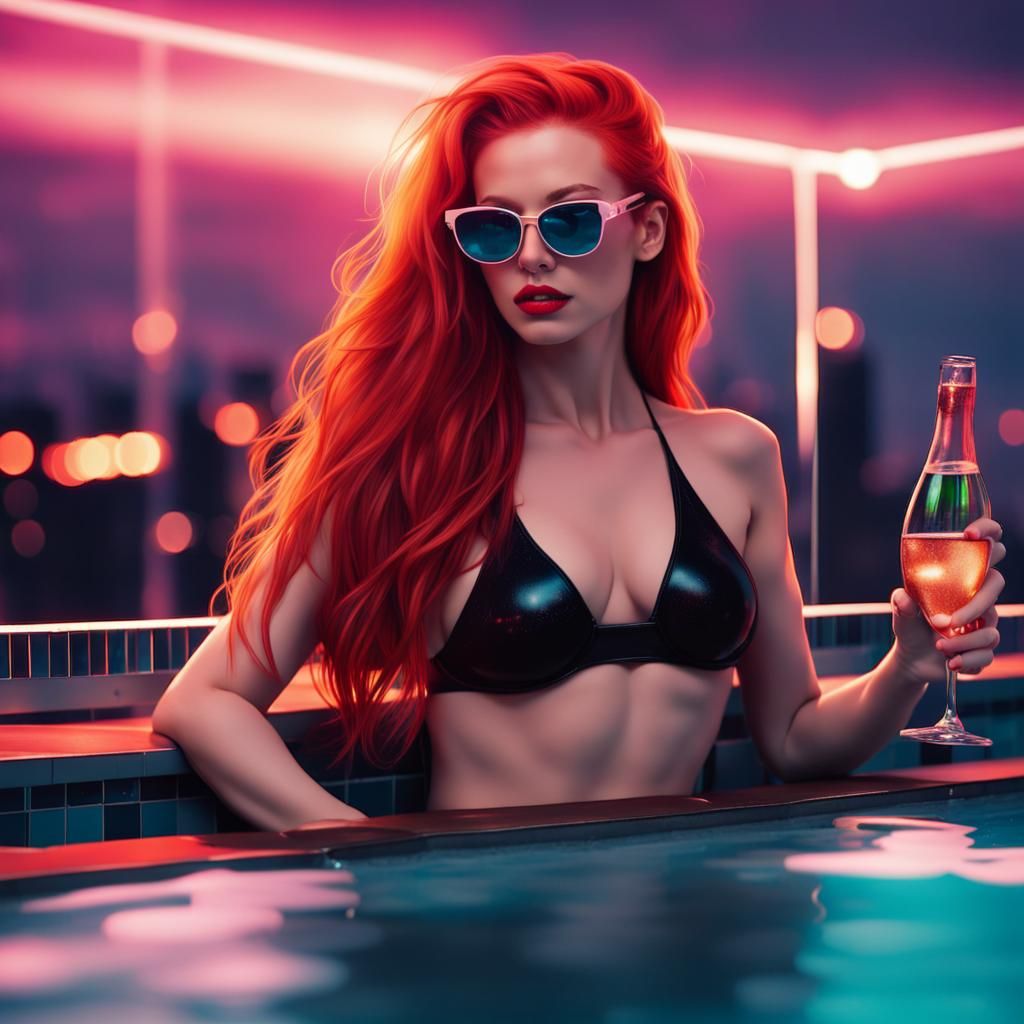 Rooftop Pool Party in Synthwave Neon Style