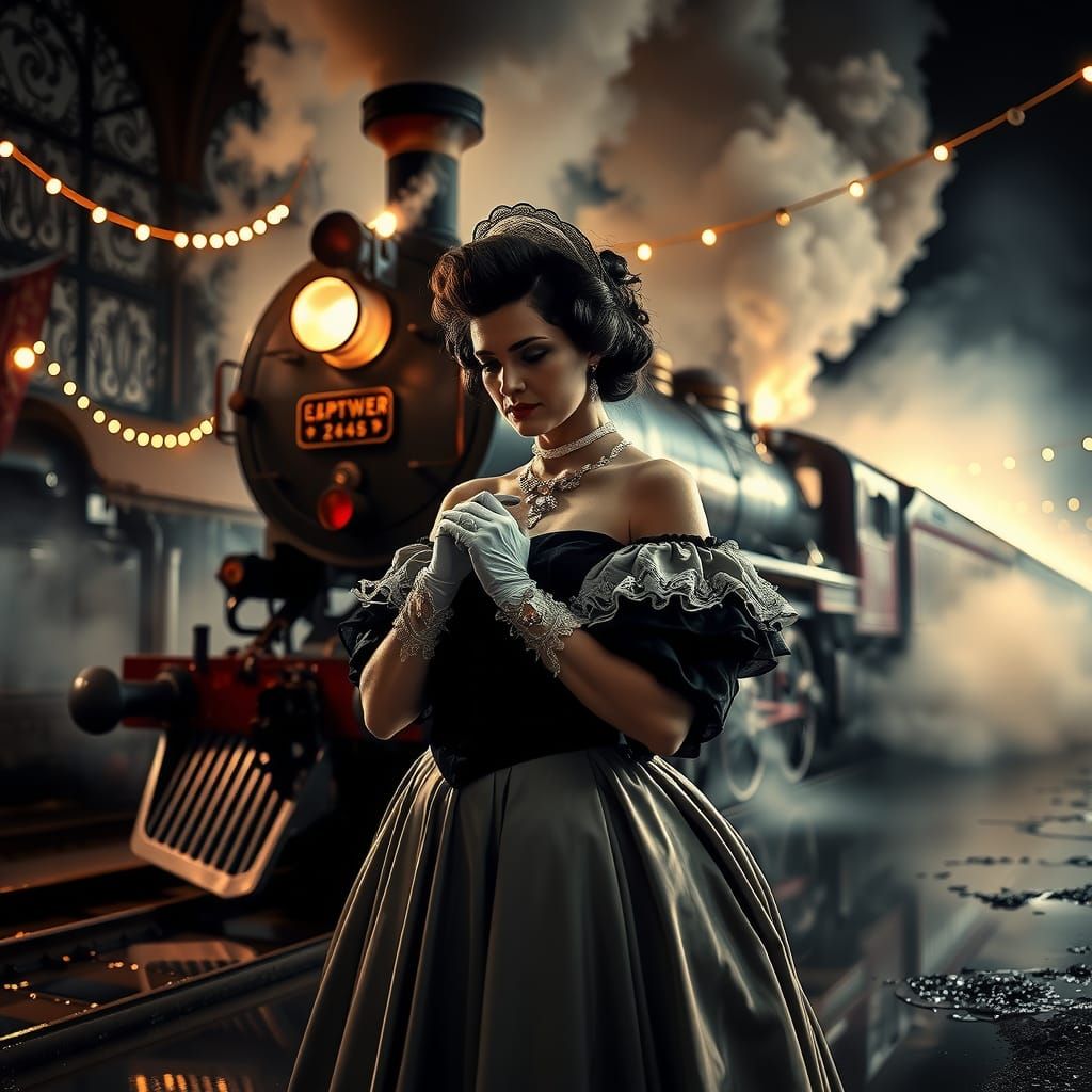 Victorian Lady and Steam Train Double Exposure