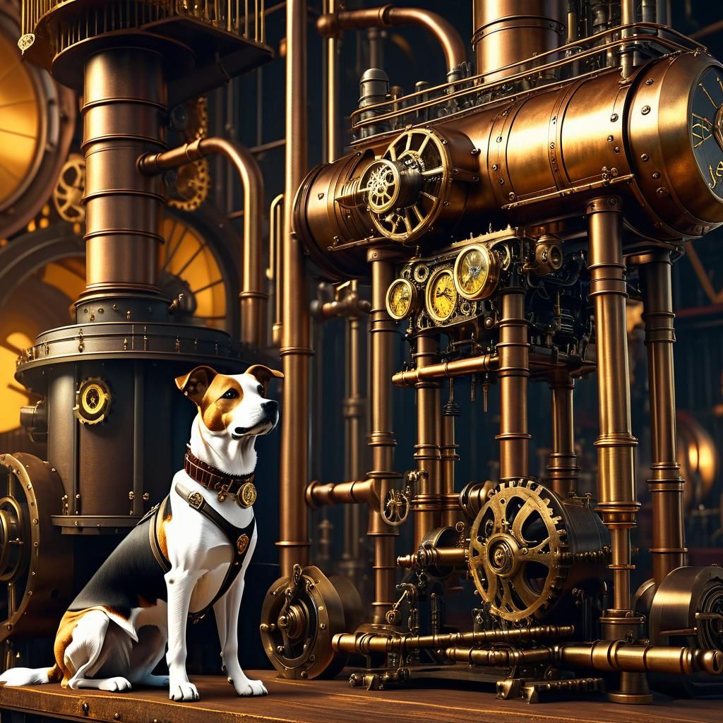 Steampunk Dog on Stilts with Brass Engine
