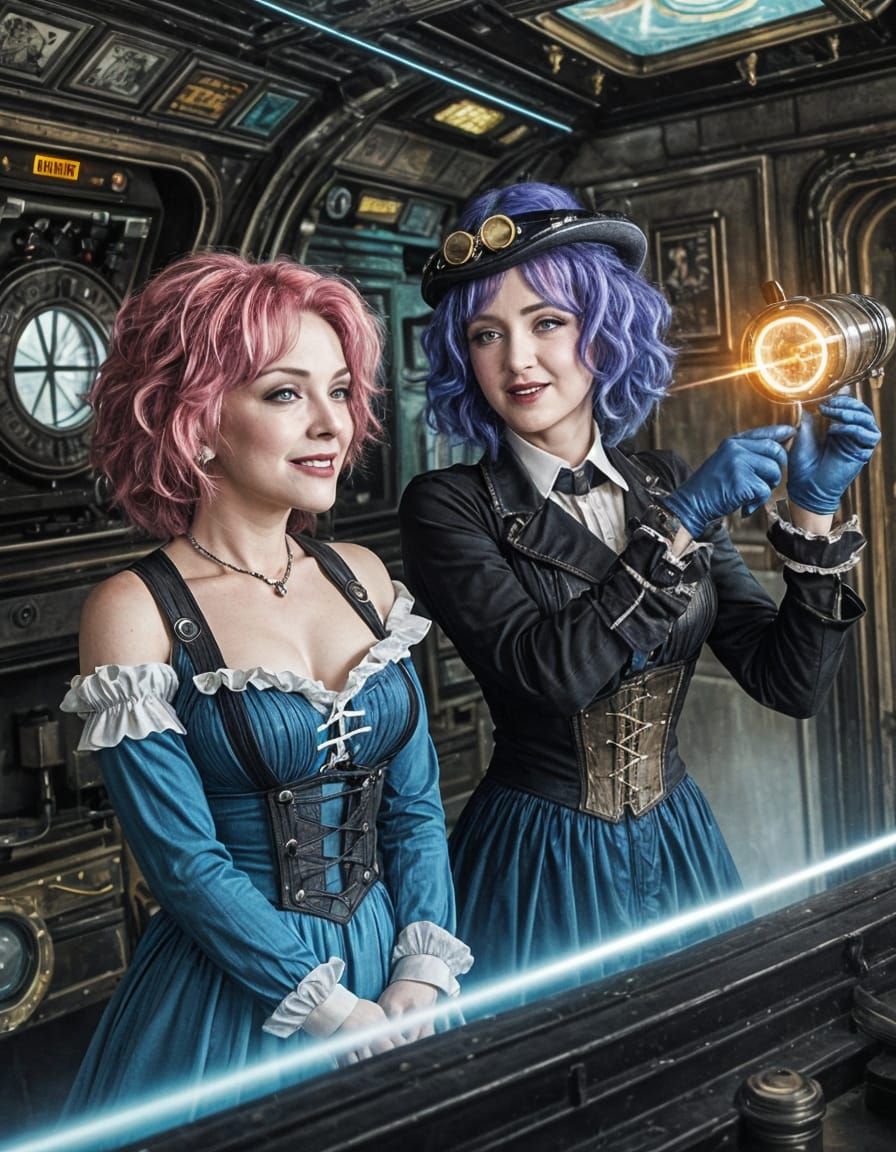 Steampunk Women Explore Vaporwave Airship Cabin
