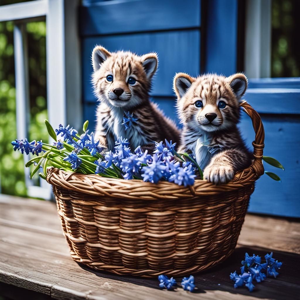 Kawaii Lynx Bear Cubs in Bluebells: Photorealistic Still