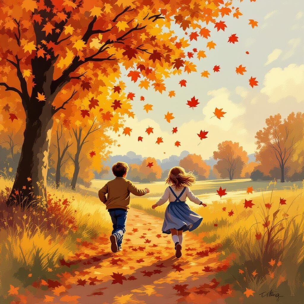 Children Play in Autumn Landscape: Impressionist Digital Pai...