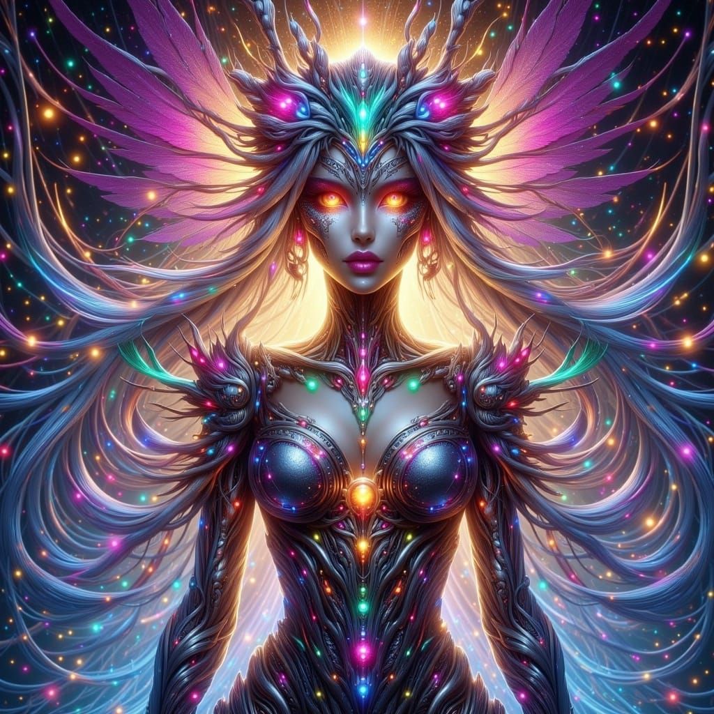 Celestial Anime Woman with Radiant Bow in Gothic Style