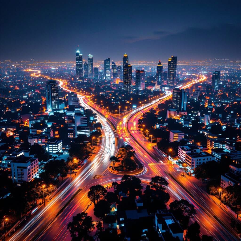 Bangalore City Night Aerial View in Hyperrealistic Style
