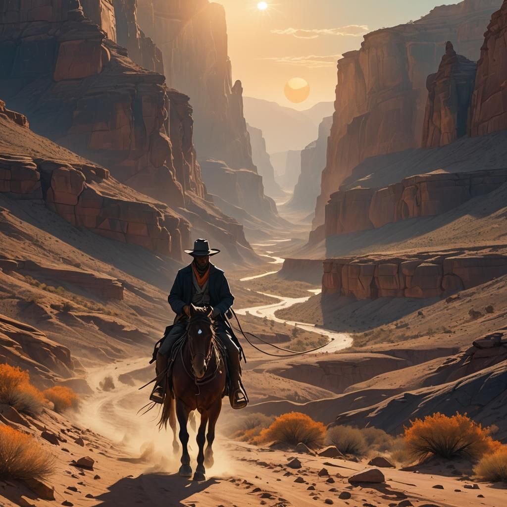 Mystic Western Farmer Rides Canyon in Golden Light