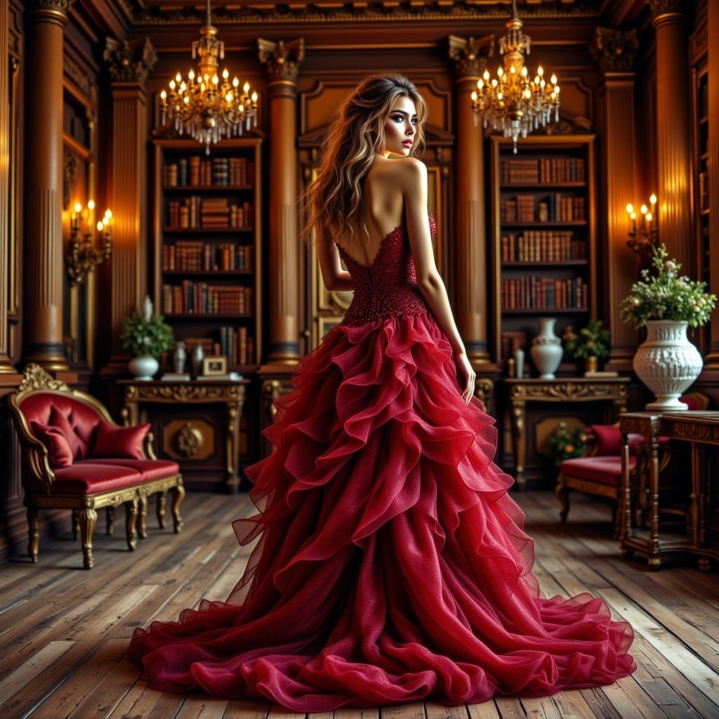 Elegant Woman in Glittering Red Gown in Opulent Ballroom