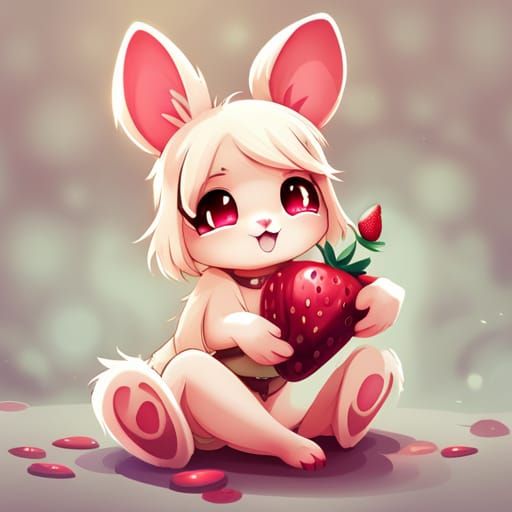 Adorable Bunny with Strawberry: Kawaii Digital Art