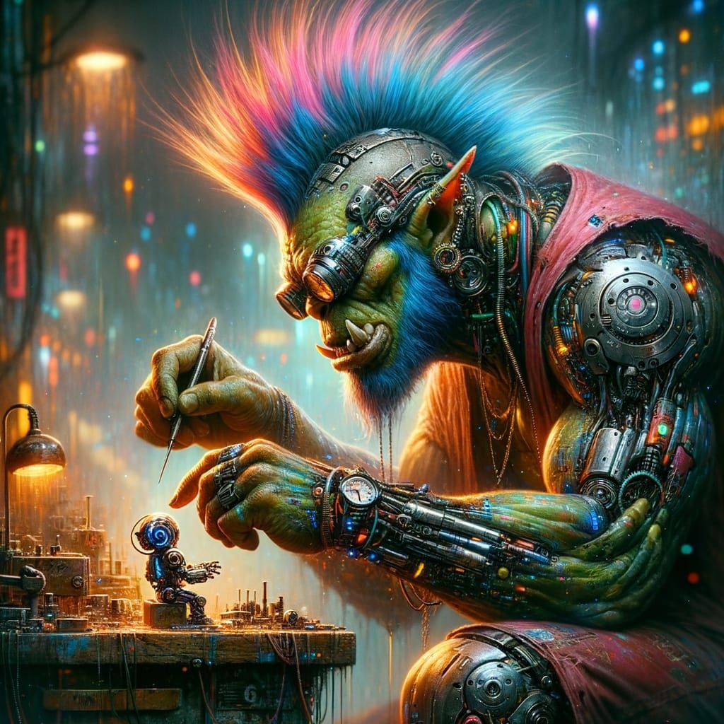 Cyberpunk Clockmaker Cyborg in Urban-Industrial Setting