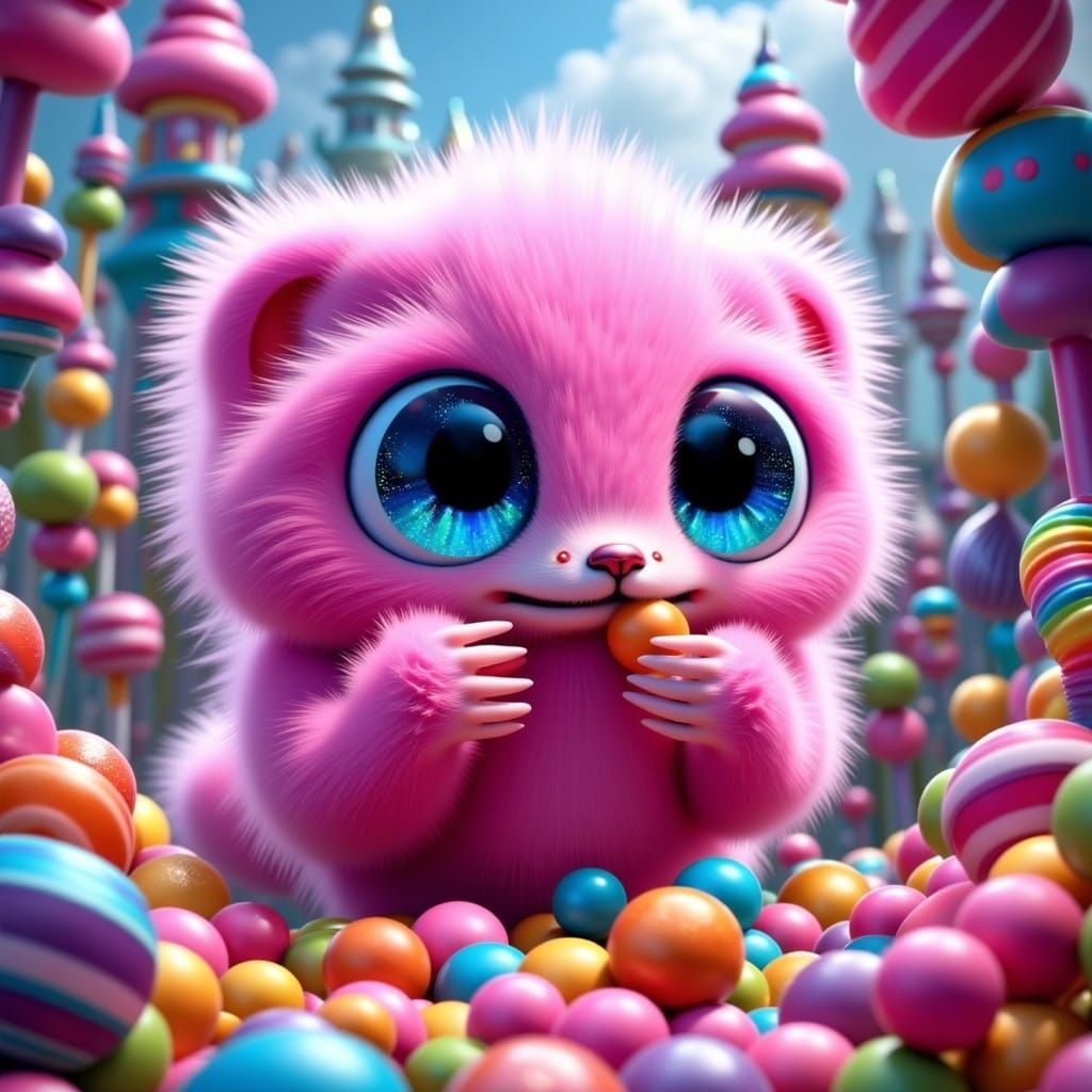 Pink Monster Eats Candy in Fantastical Candy House