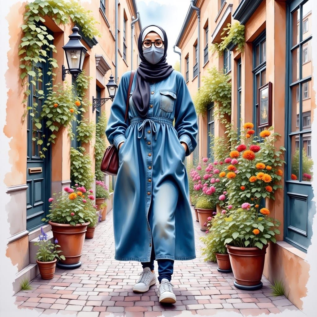 Modest Explorer in Vibrant Cityscape, Ink and Oil-Guache Sty...