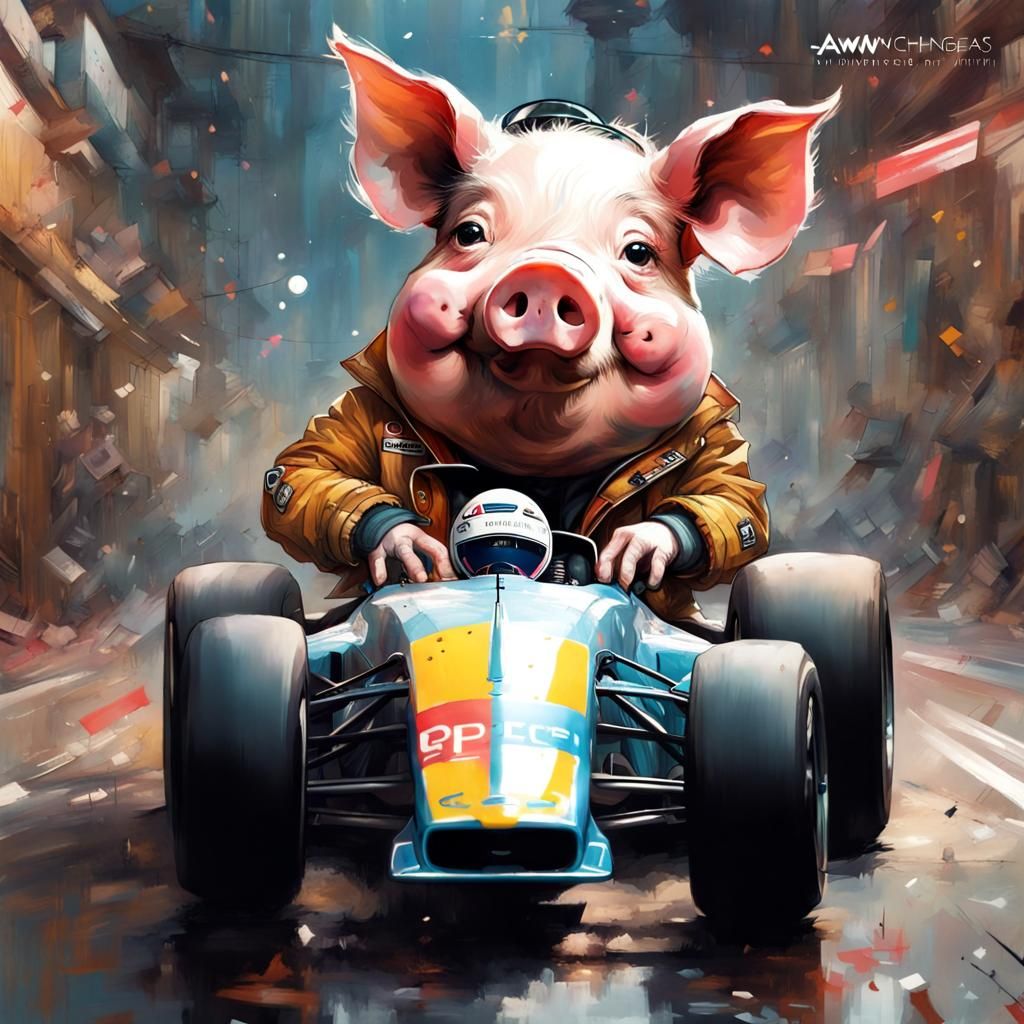 F1 Driver Pig Portrait in Digital Art Style