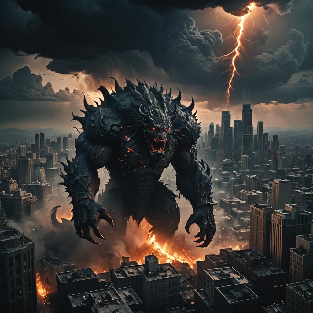 Colossal Creature Over Devastated Cityscape in Cinematic Sty...