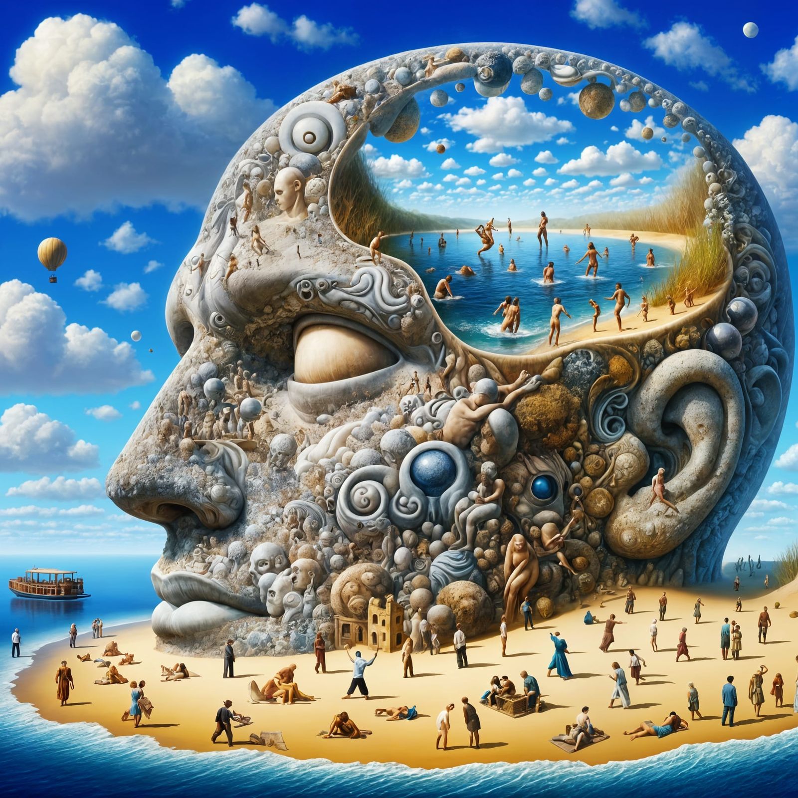 Dreamlike Landscape with Playful Figures in Eye Sockets, Lat...