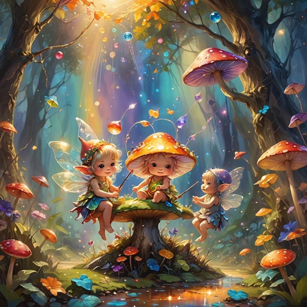 Cute Baby Fairies Playing Under Magic Toadstool