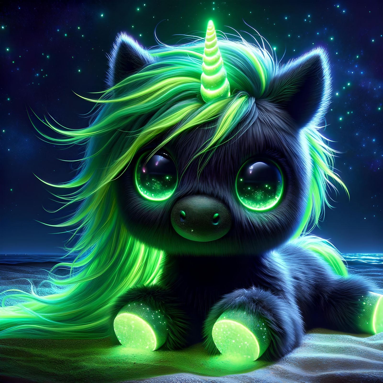 Glowing Black Unicorn with Green Hair on Beach