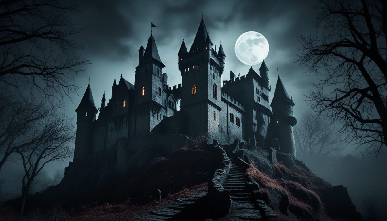 Gothic Castle of Countess Dracula under Blood Moon