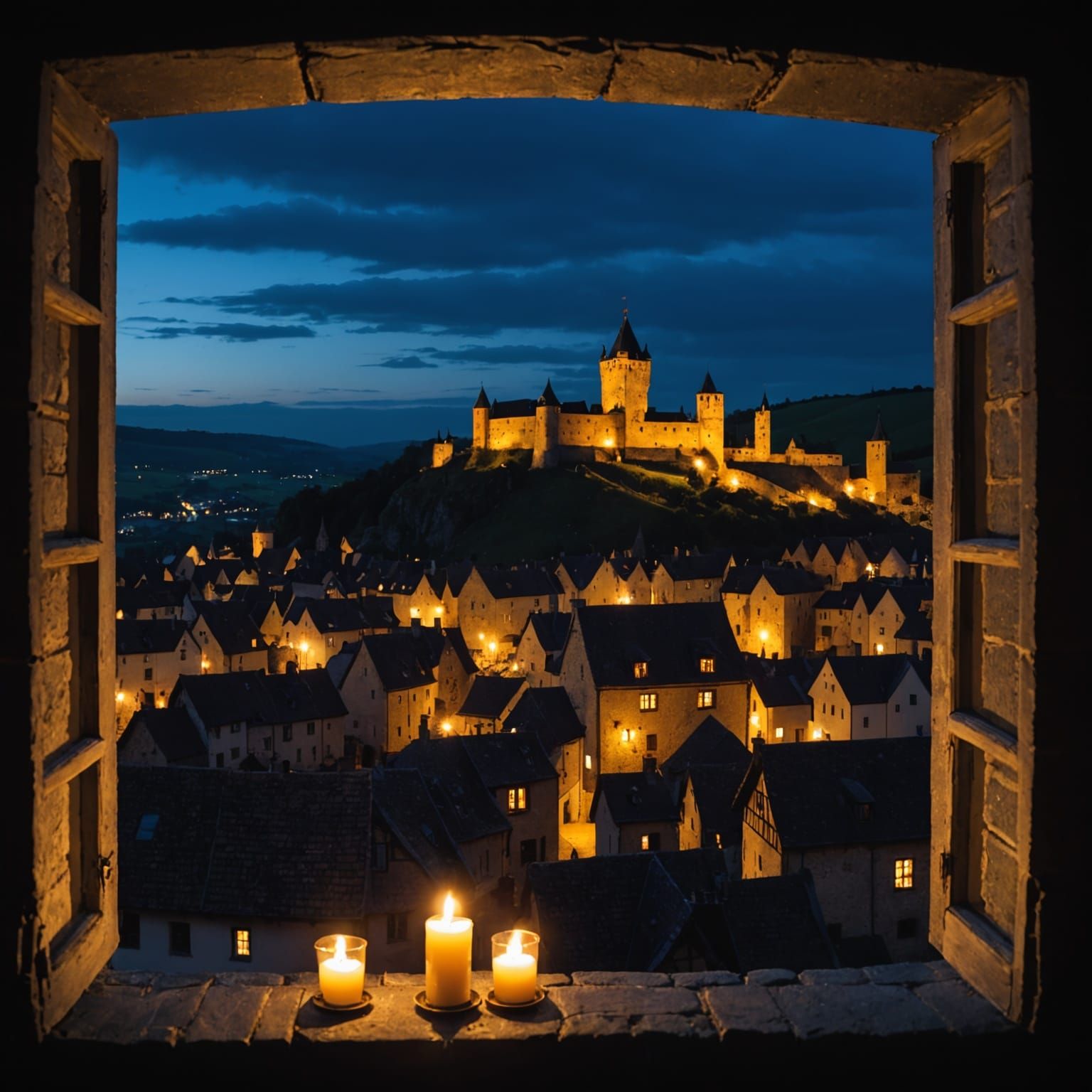 Medieval Village at Night: Candlelit Homes and Businesses