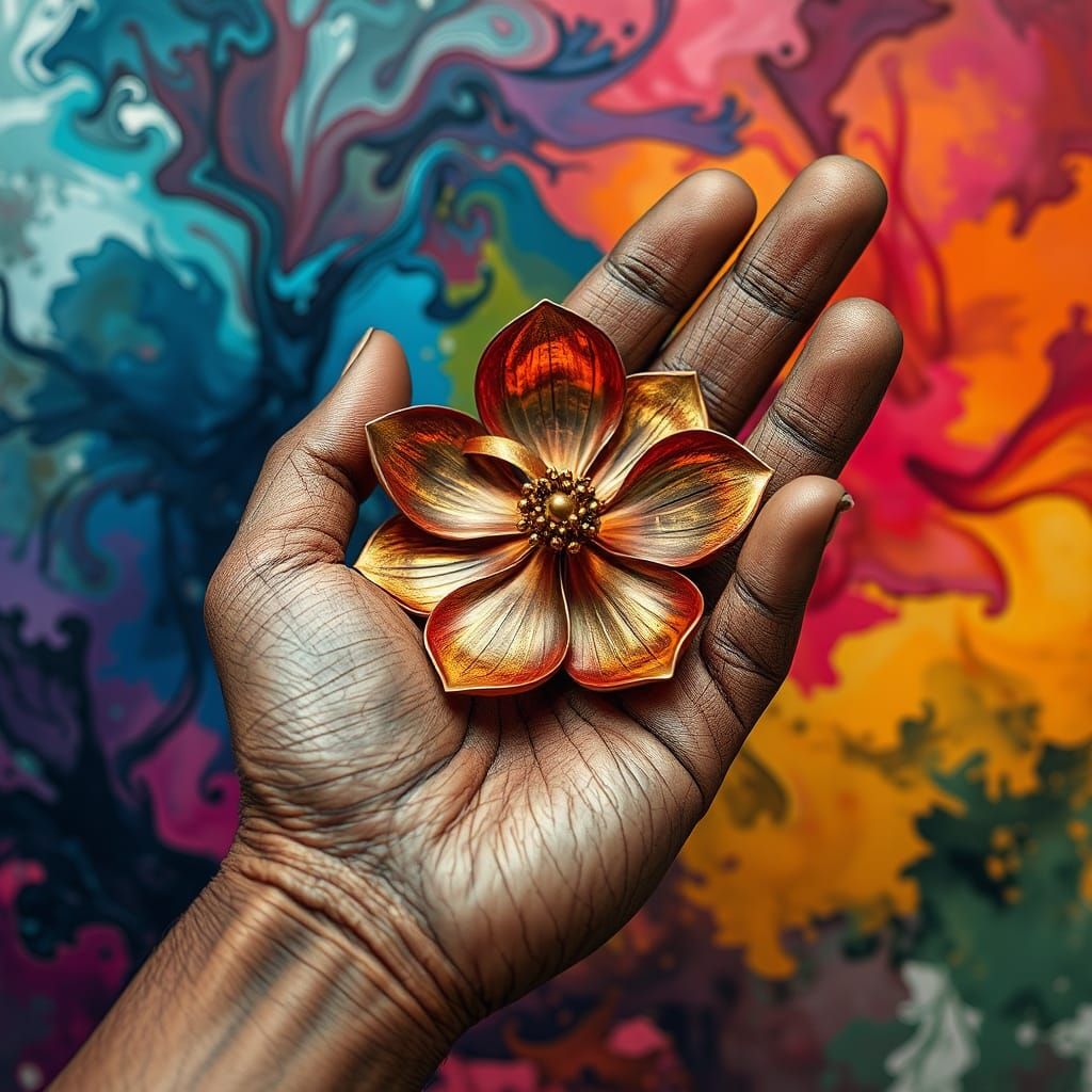 Metal Flower Held by Wooden Hand