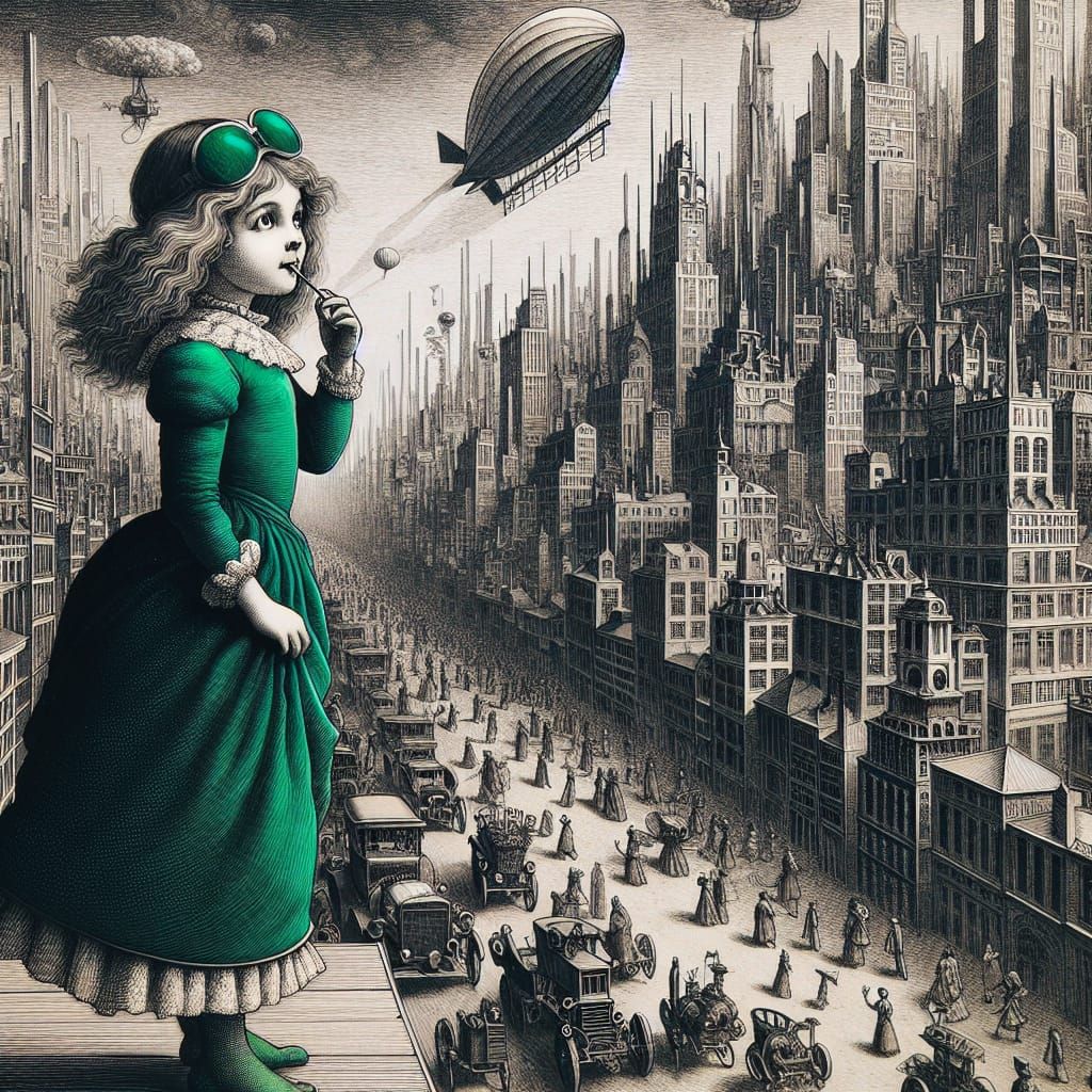 Mischievous Girl in Futuristic Cityscape, Doré Etching Style