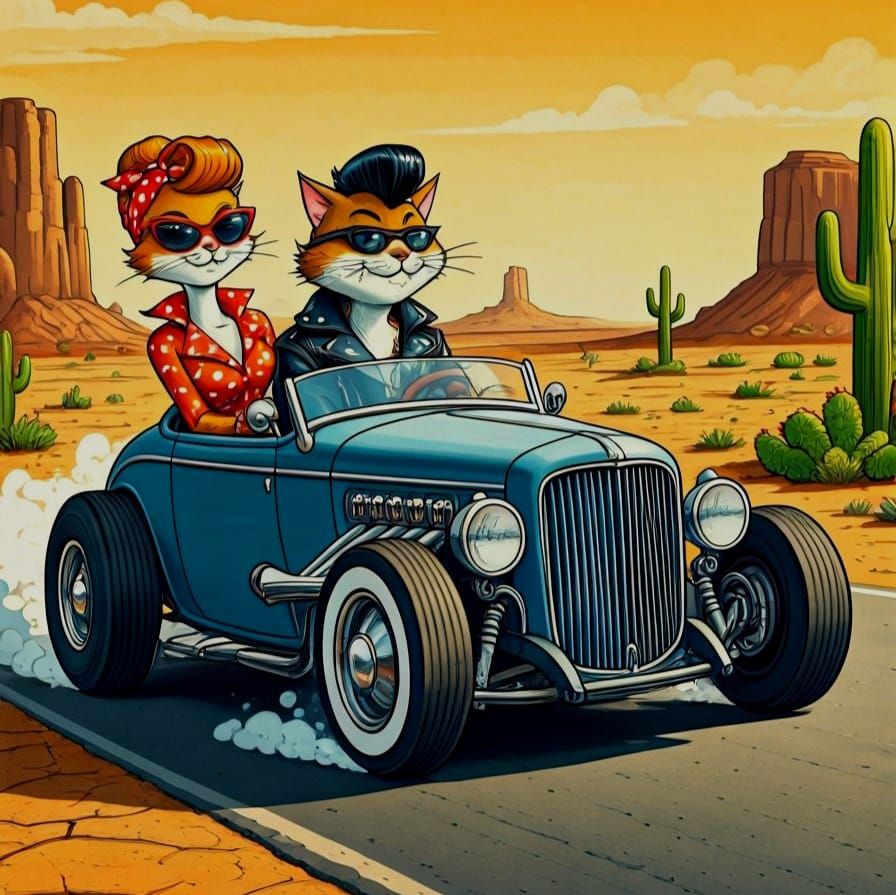 Rebel Cats on a Desert Highway, Cartoon Illustration