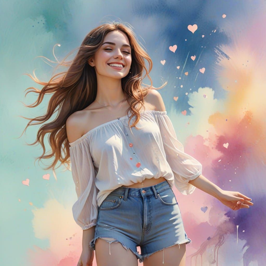 Whimsical Watercolor Portrait of a Dreamy Woman in Soft Past...