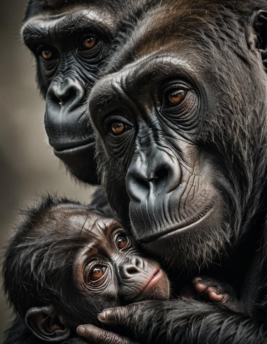 Loving Mother Gorilla and Baby Portrait