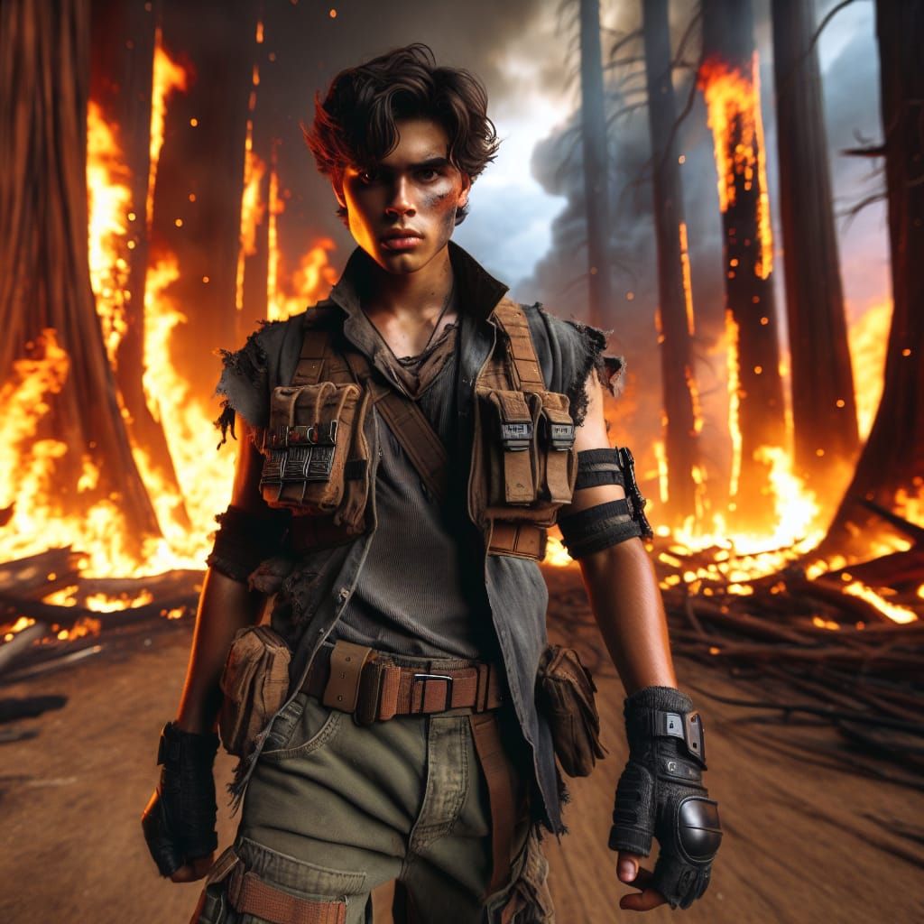 Cyberpunk-Inspired Teenage Hero Walks Through Blazing Infern...