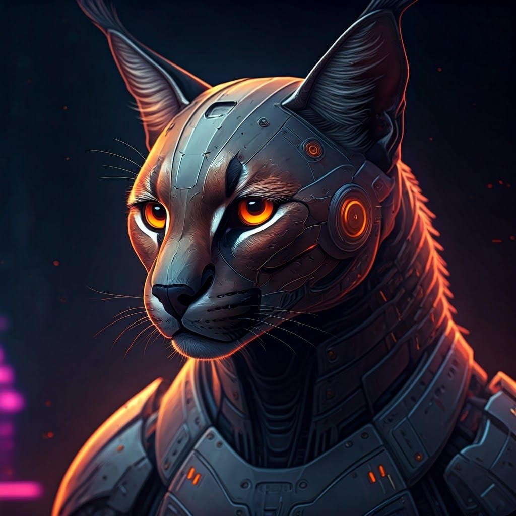 Caracal Cyborg in Dark Biomechanical Cityscape