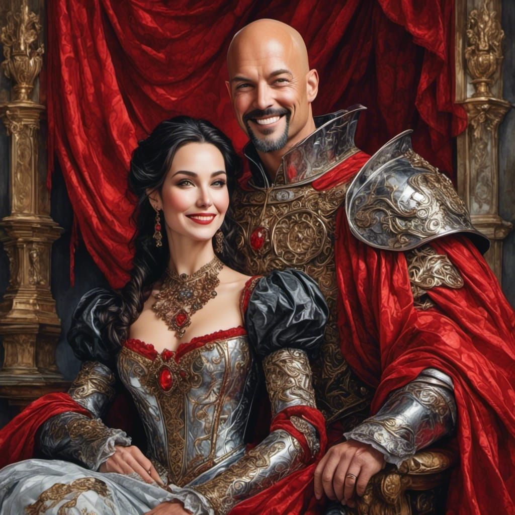 Medieval Warrior and Sorceress in Ornate Oil Painting