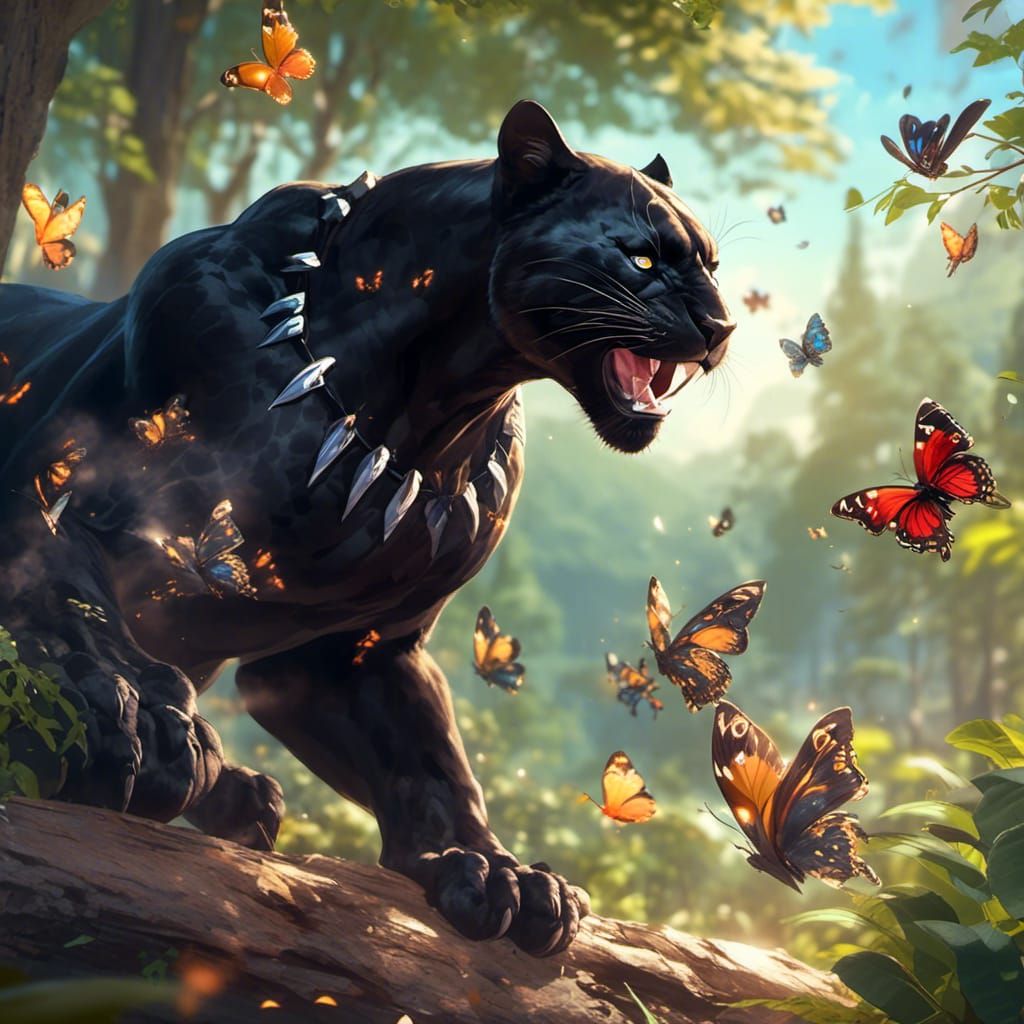 Black Panther and Butterflies in Sunlight