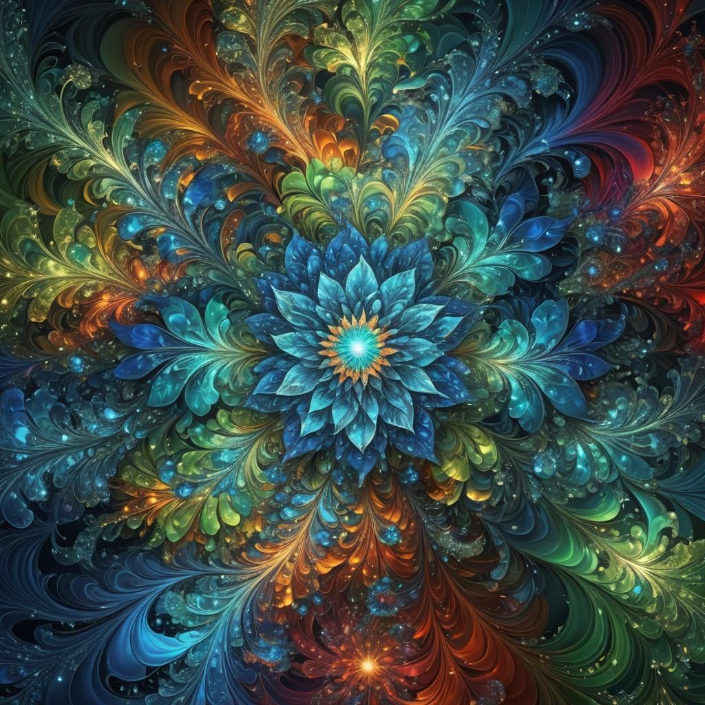 Jeweled Fractal Flower in Abstract Digital Art