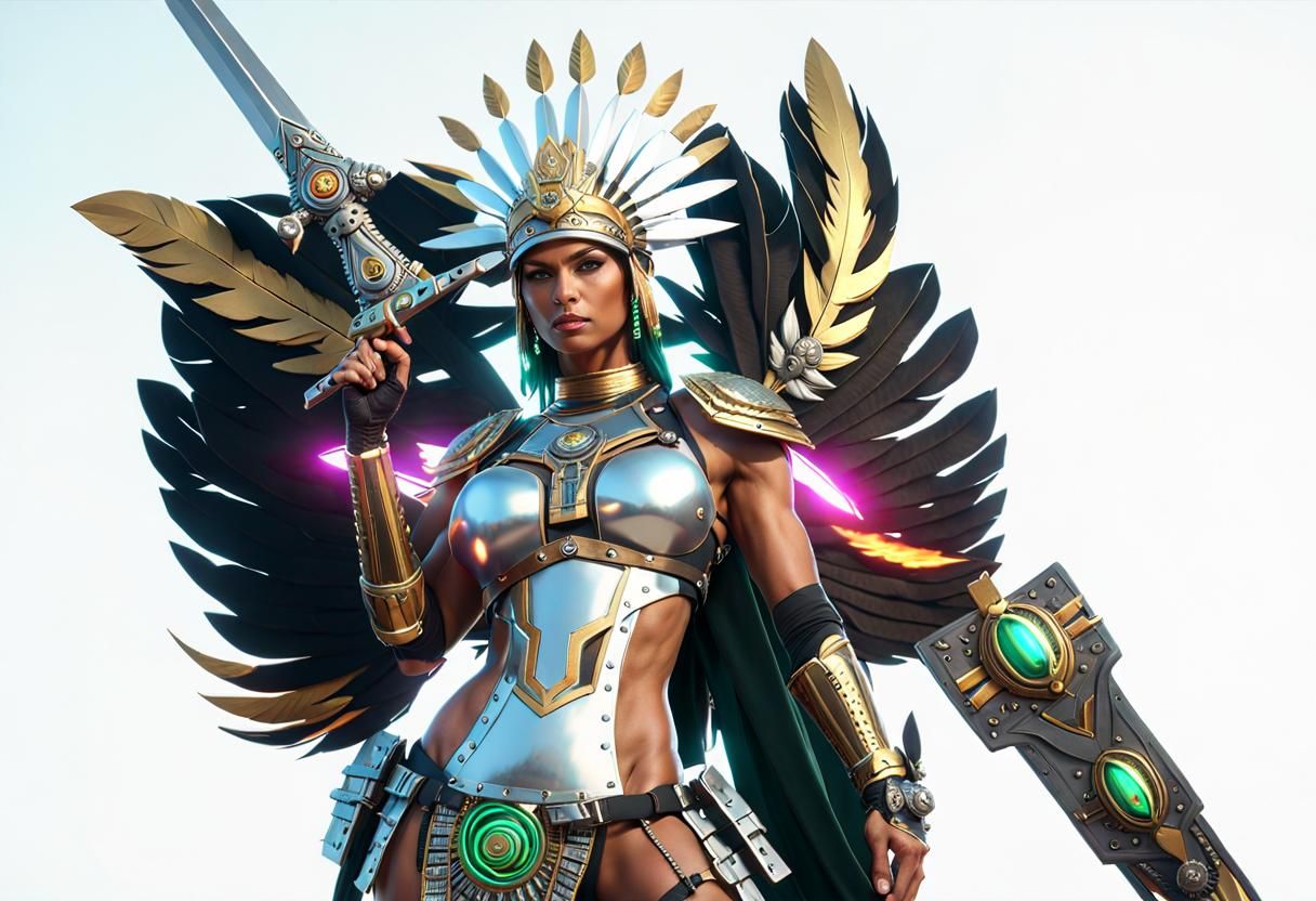 Aztec Warrior Woman with Flaming Sword in Cyberpunk Style