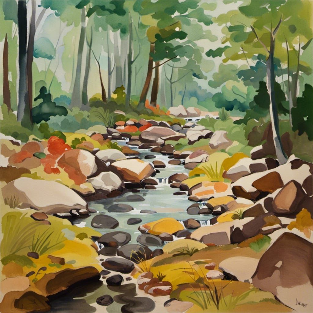 Gouache Creek: Impressionist Forest River Landscape
