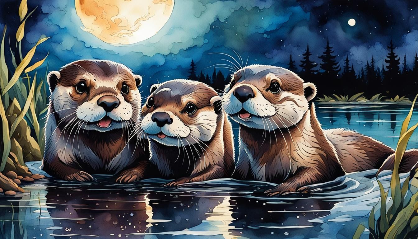 Otters Play by Moonlight: Watercolor Ink Art