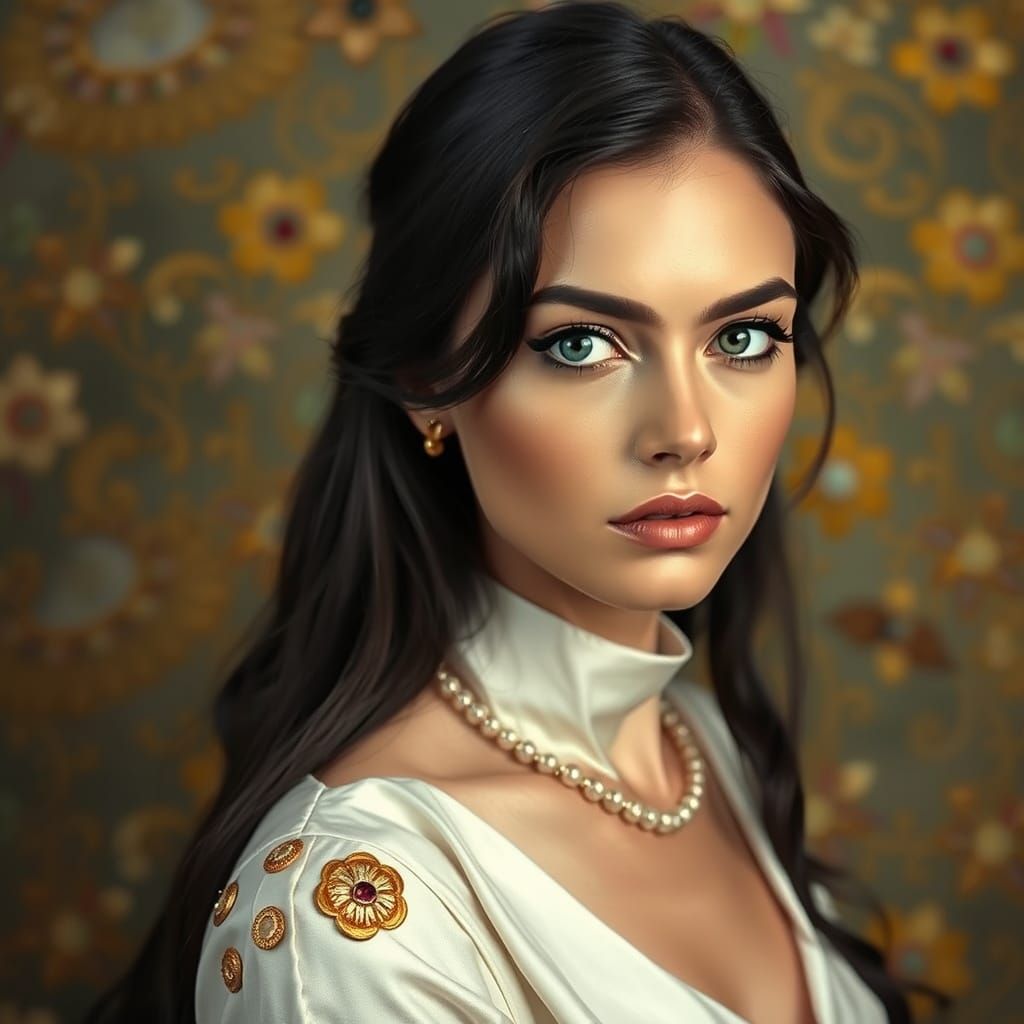 Woman in Elegant White Silk Gown with Expressive Blue Eyes