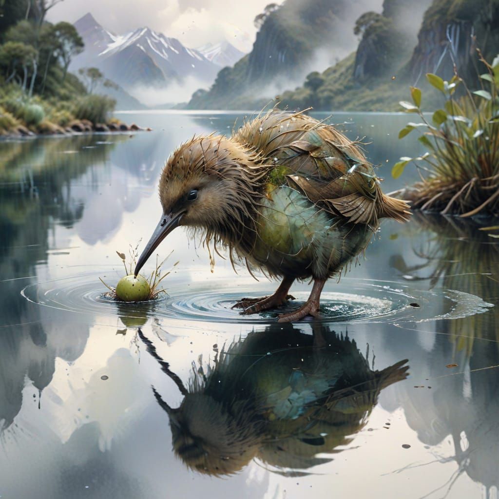 Ethereal New Zealand Fjord Scene in Soft Watercolor Style