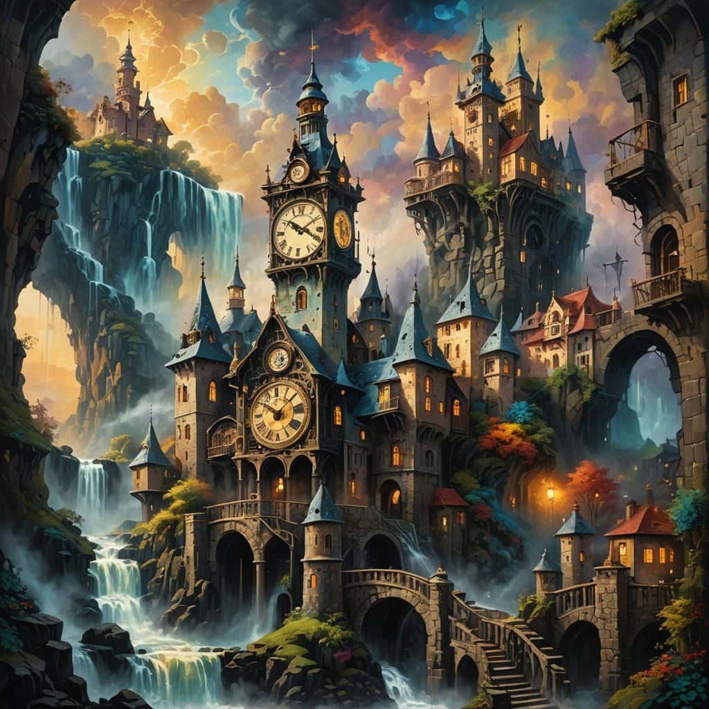 Surreal Clockwork Castle and Village in Oil Painting