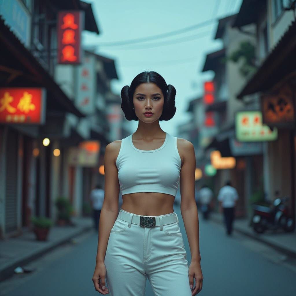 Asian Princess Leia in 1970s Saigon: Cinematic Film Still
