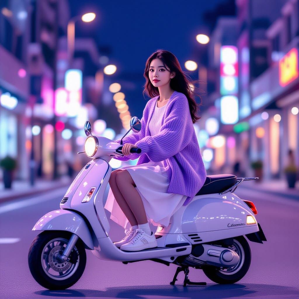 Asian Woman on Scooter in Soft Pastel Cityscape